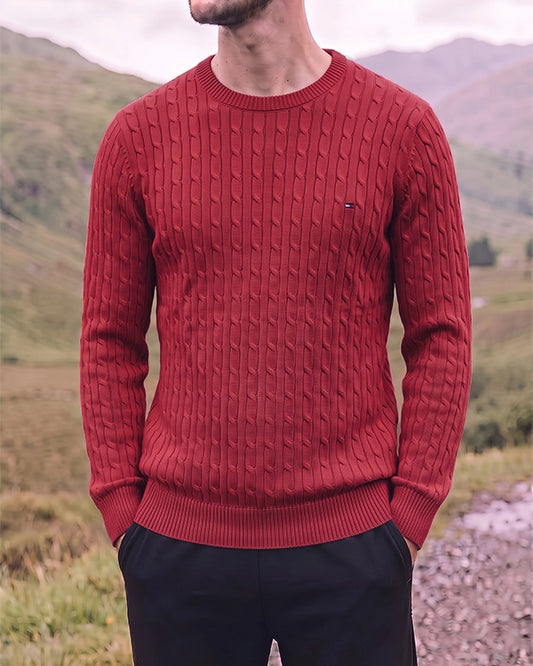 Tomie Hil Branded Mens Maroon Cable Knit Crewneck Sweater Sp-31