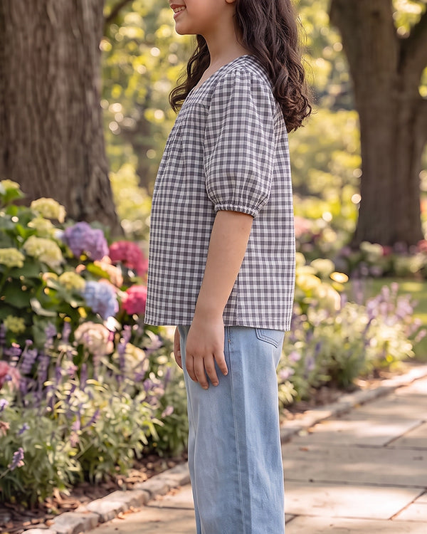 SPARK Branded Kids Gingham Puff-Sleeve Fusion Top GF-14