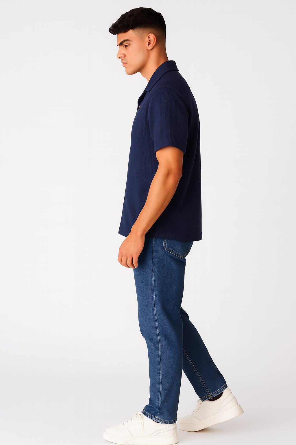 PullNBear Branded Men’s Navy Blue Textured Short Sleeve Button-Down Shirt MCS-25