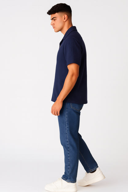 PullNBear Branded Men’s Navy Blue Textured Short Sleeve Button-Down Shirt MCS-25