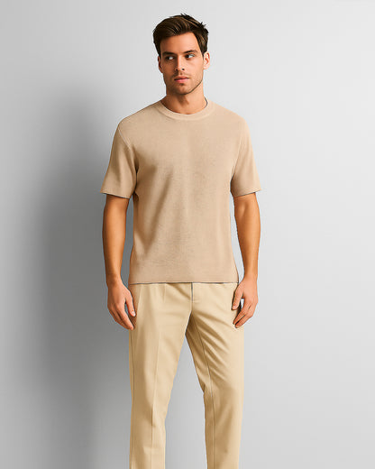 BERSK Men's Beige Textured Knit T-Shirt Drop Sholuder Mt-05