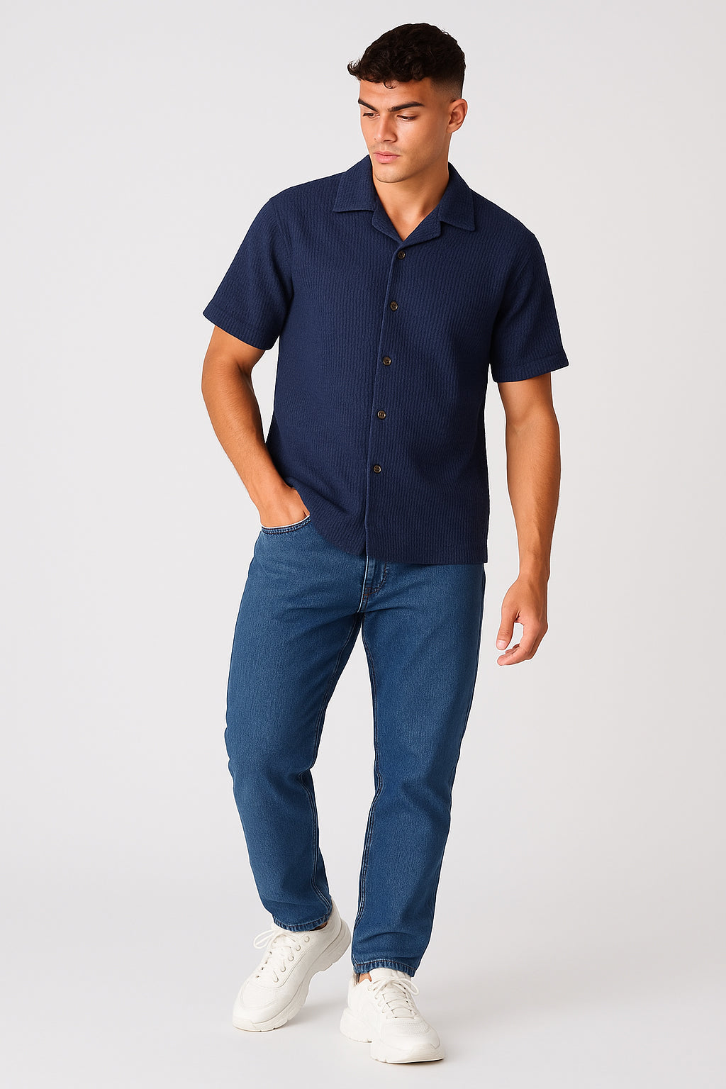 PullNBear Branded Men’s Navy Blue Textured Short Sleeve Button-Down Shirt MCS-25