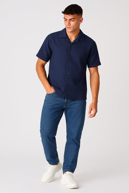 PullNBear Branded Men’s Navy Blue Textured Short Sleeve Button-Down Shirt MCS-25