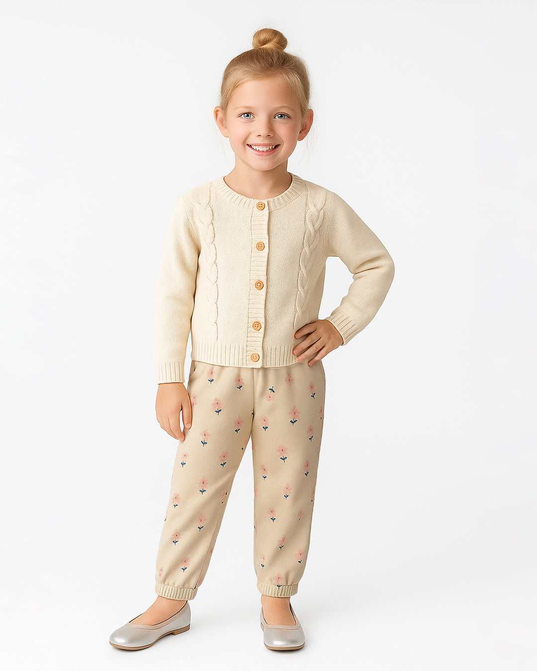 ZARRAA Branded Girl's Soft Cotton Floral Embroidered Jogger Trousers – Beige GT-02