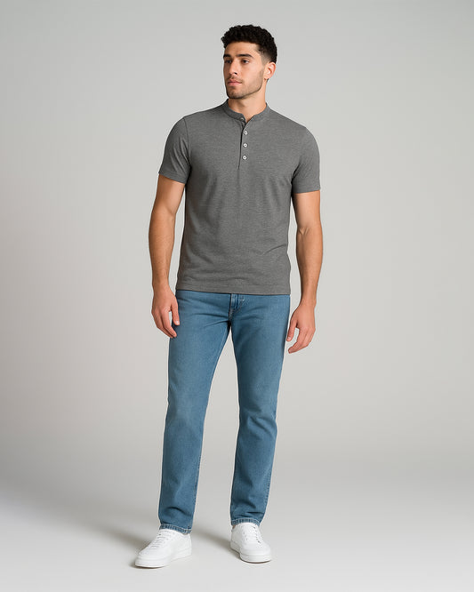 ZARRAA Branded Men’s Mandarin Collar Henley T-Shirt – Grey MPT-68