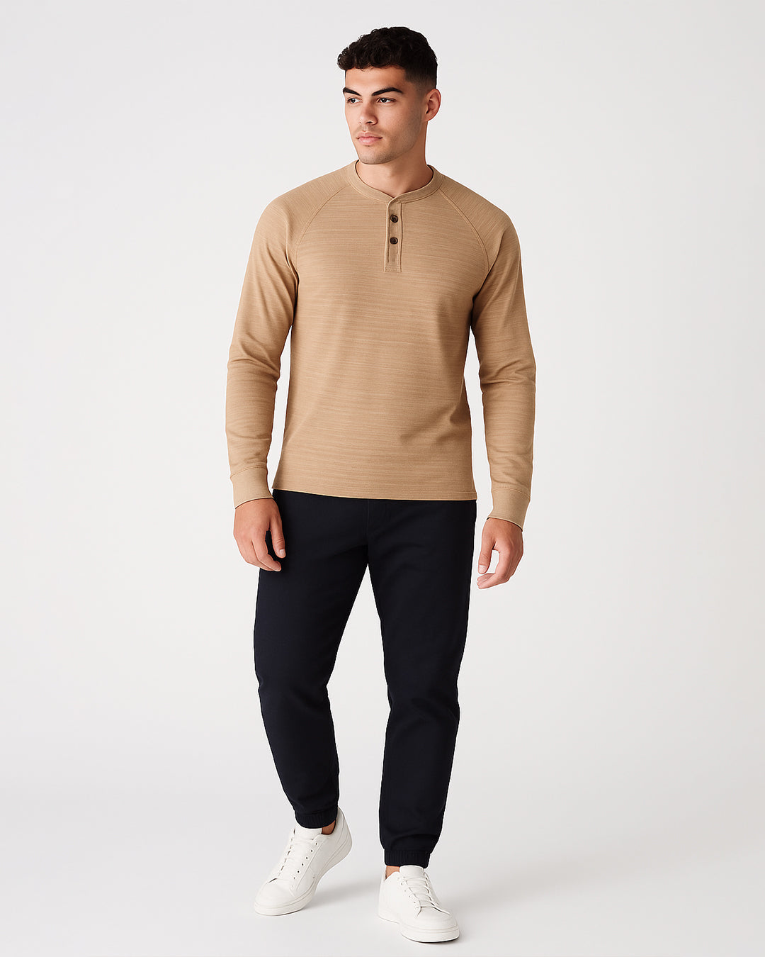 Mutual Wave Branded Men’s Textured Henley Neck Long Sleeve T-Shirt – Sand Beige MFT-02