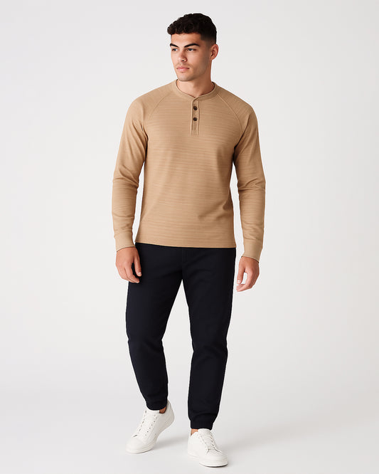 Mutual Wave Branded Men’s Textured Henley Neck Long Sleeve T-Shirt – Sand Beige MFT-02
