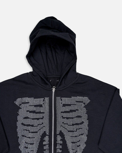 Premium Rhinestone Skeleton Zip-Up Hoodie – Black MZH-11