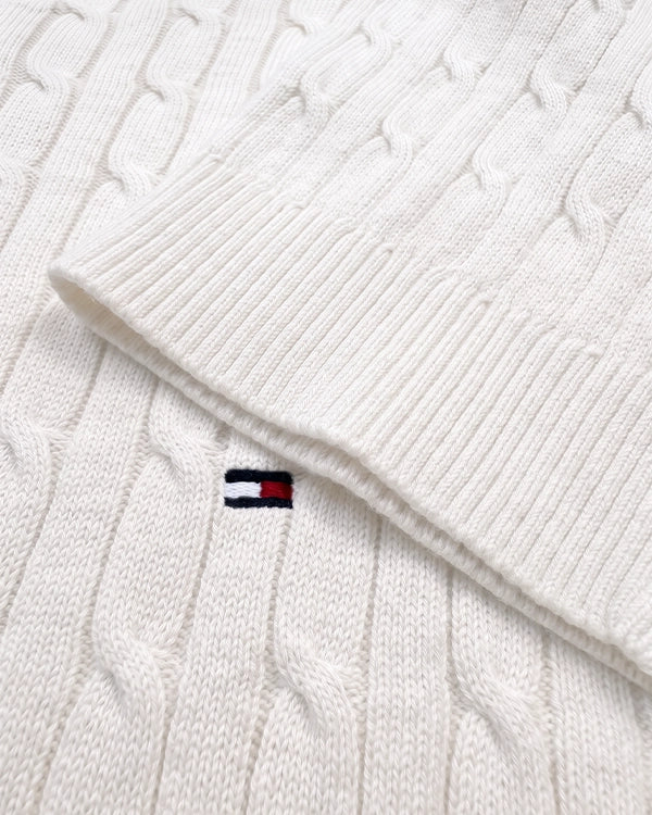 Tomie Hil Branded Mens White Cable Knit Crewneck Sweater Sp-30