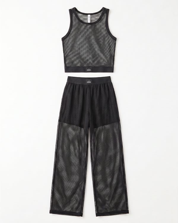 Alos Branded Airbrush Mesh Tank & Wide-Leg Trouser Set - Black
