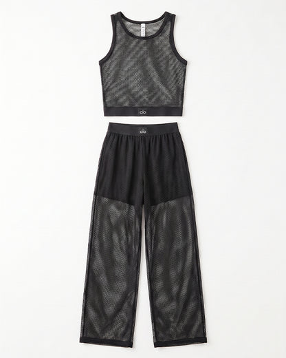 Alos Branded Airbrush Mesh Tank & Wide-Leg Trouser Set - Black
