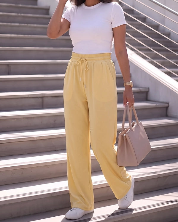 Rogr Branded Womens Wide-Leg Trousers Pastel Yellow Color WTR-13