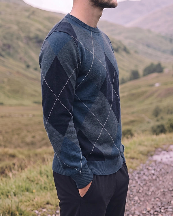 Tomie Hil Branded Mens Blue Argyle Pattern Crewneck Sweater Sp-25