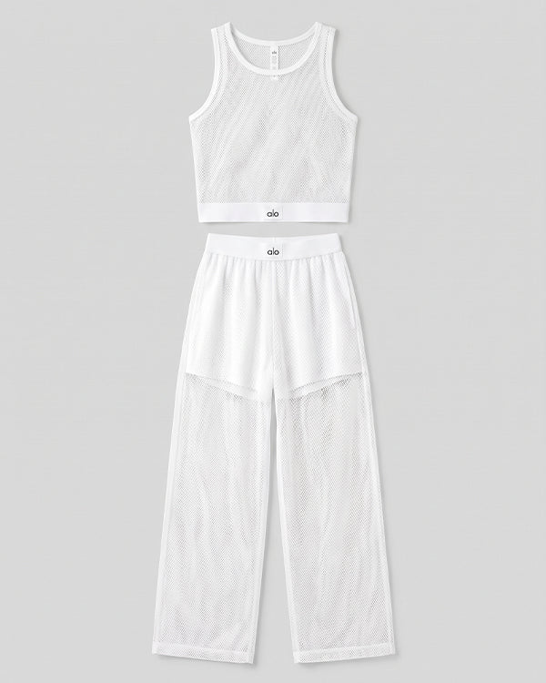Alos Branded Airbrush Mesh Tank & Wide-Leg Trouser Set - White