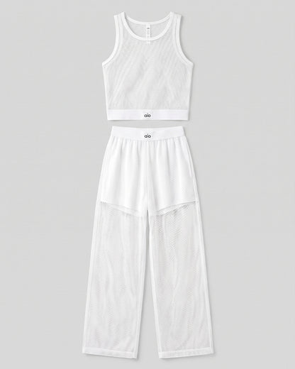 Alos Branded Airbrush Mesh Tank & Wide-Leg Trouser Set - White