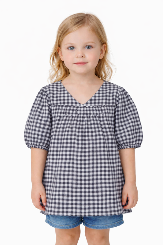 SPARK Branded Kids Gingham Puff-Sleeve Fusion Top GF-14