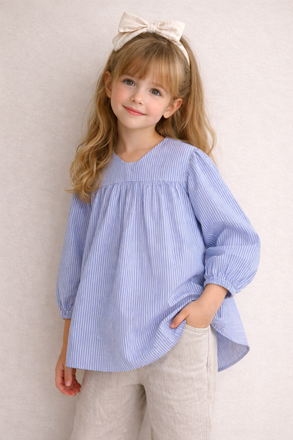 SPARK Branded Kids Pinstripe Puff-Sleeve Fusion Top GF-17