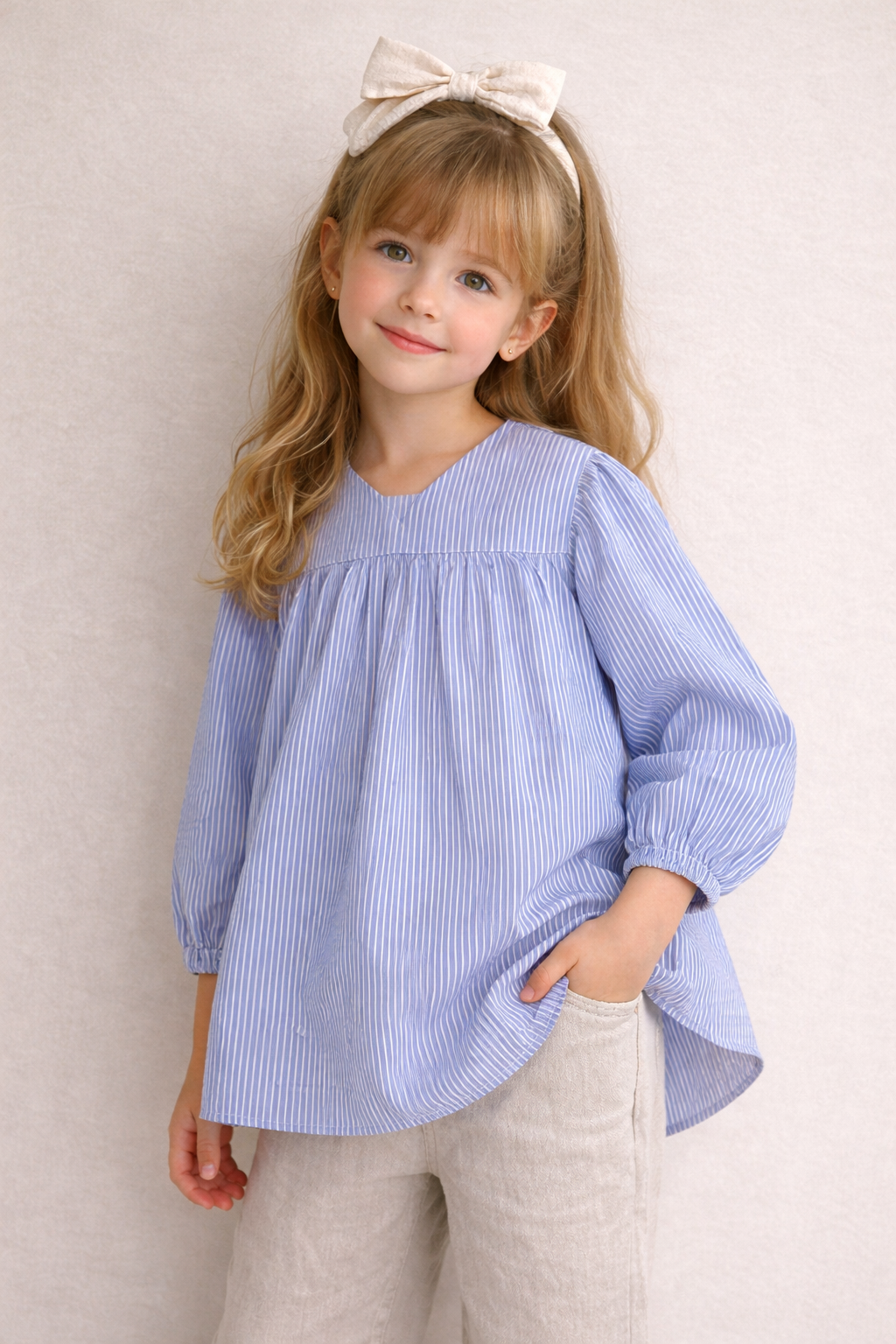 SPARK Branded Kids Pinstripe Puff-Sleeve Fusion Top GF-17