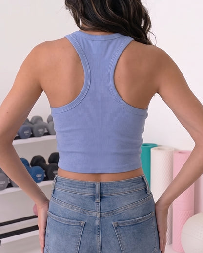 Alos Branded Women’s Ribbed Racerback Crop Tank - Dusty Blue WTT-24