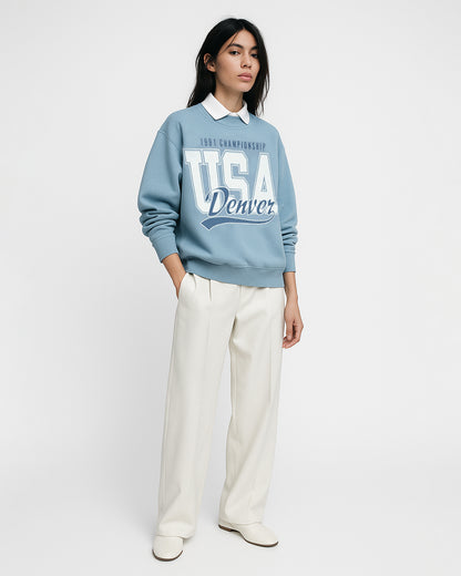 PullNBear Women’s USA Denver Championship Collar Sweatshirt – Sky Blue WSWT-02