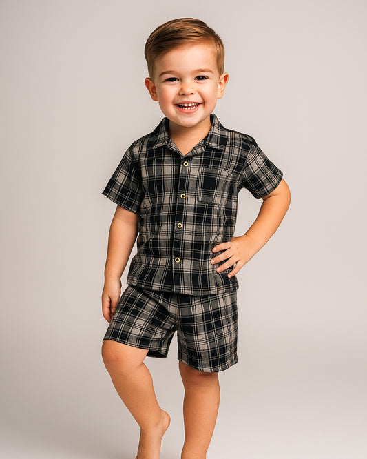 Spark Branded Boy's Checkered Co-ord (Shirt + Shorts) Set Black & Grey Color BCS-01
