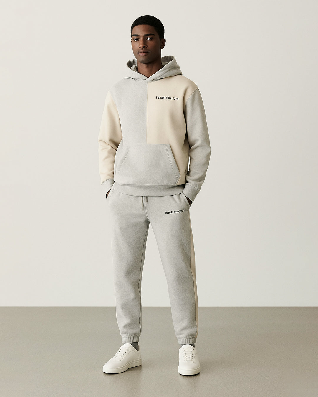 Primk Branded Winter Unisex Premium Fleece Tracksuit Co-ord set – Light Grey & Beige UCS-02