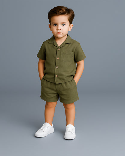 Spark Olive Green Linen Co-ord Set for Boys BCS-03