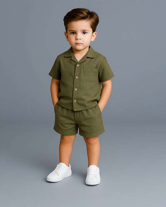 Spark Olive Green Linen Co-ord Set for Boys BCS-03