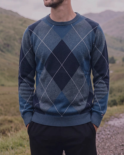 Tomie Hil Branded Mens Blue Argyle Pattern Crewneck Sweater Sp-25