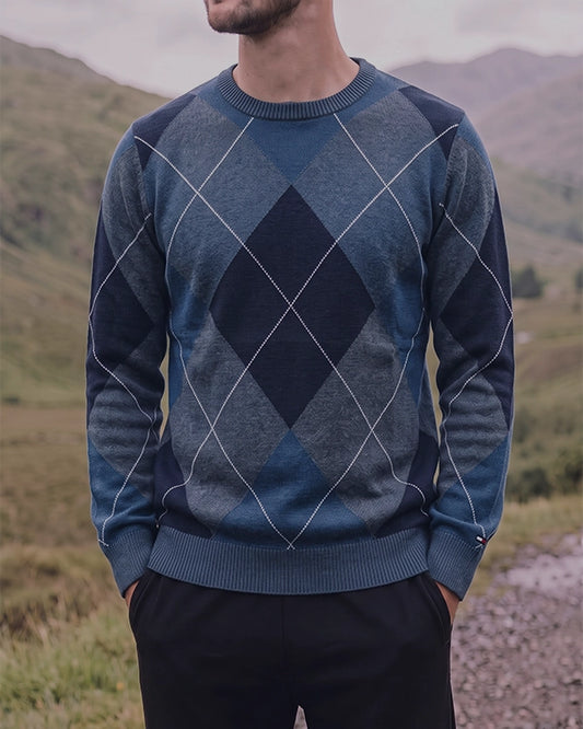Tomie Hil Branded Mens Blue Argyle Pattern Crewneck Sweater Sp-25
