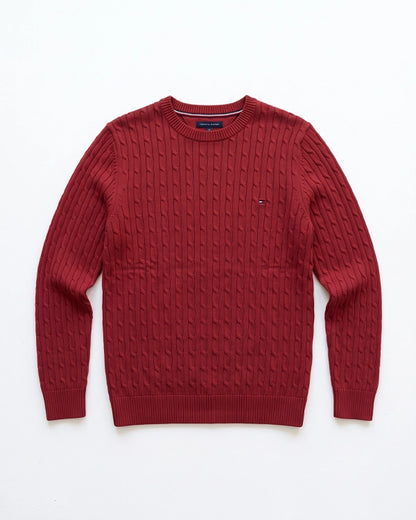 Tomie Hil Branded Mens Maroon Cable Knit Crewneck Sweater Sp-31