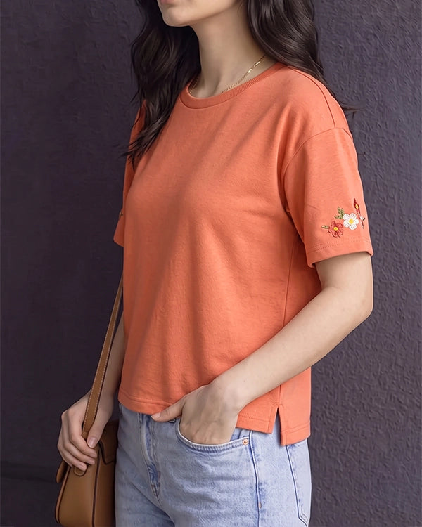 Branded Womens Peach Floral Embroidered Casual T-Shirt Sp-23