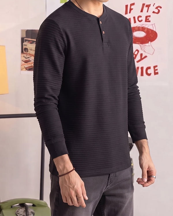 Mutual Wave Branded Men’s Textured Henley Neck Long Sleeve T-Shirt - Black MFT-01