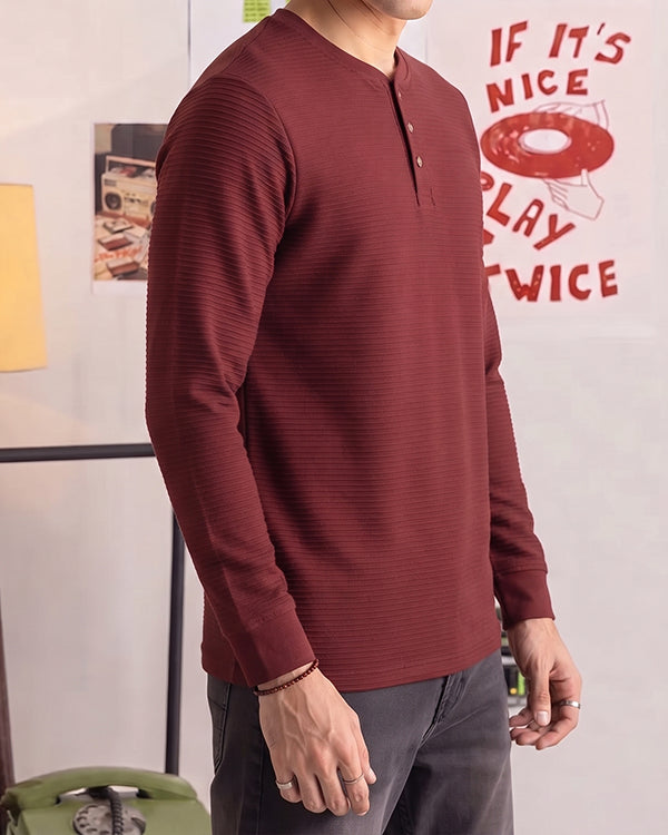 Mutual Wave Branded Men’s Textured Henley Neck Long Sleeve T-Shirt – Maroon MFT-04