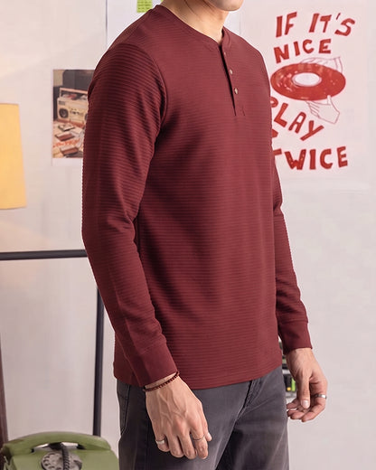 Mutual Wave Branded Men’s Textured Henley Neck Long Sleeve T-Shirt – Maroon MFT-04