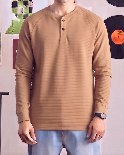 Mutual Wave Branded Men’s Textured Henley Neck Long Sleeve T-Shirt – Sand Beige MFT-02