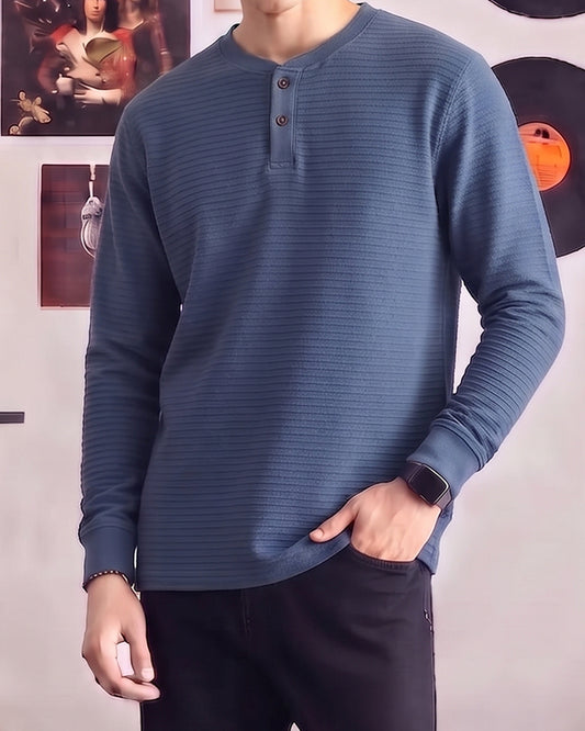 Mutual Wave Branded Men’s Textured Henley Neck Long Sleeve T-Shirt – Deep Ocean Blue MFT-03