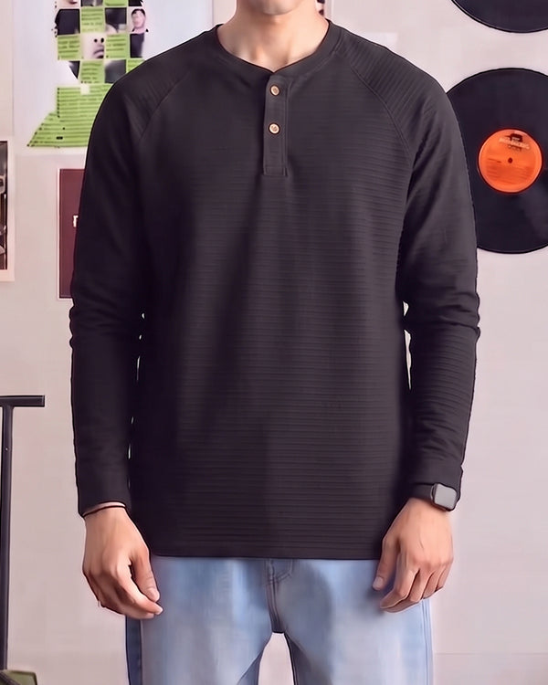 Mutual Wave Branded Men’s Textured Henley Neck Long Sleeve T-Shirt - Black MFT-01