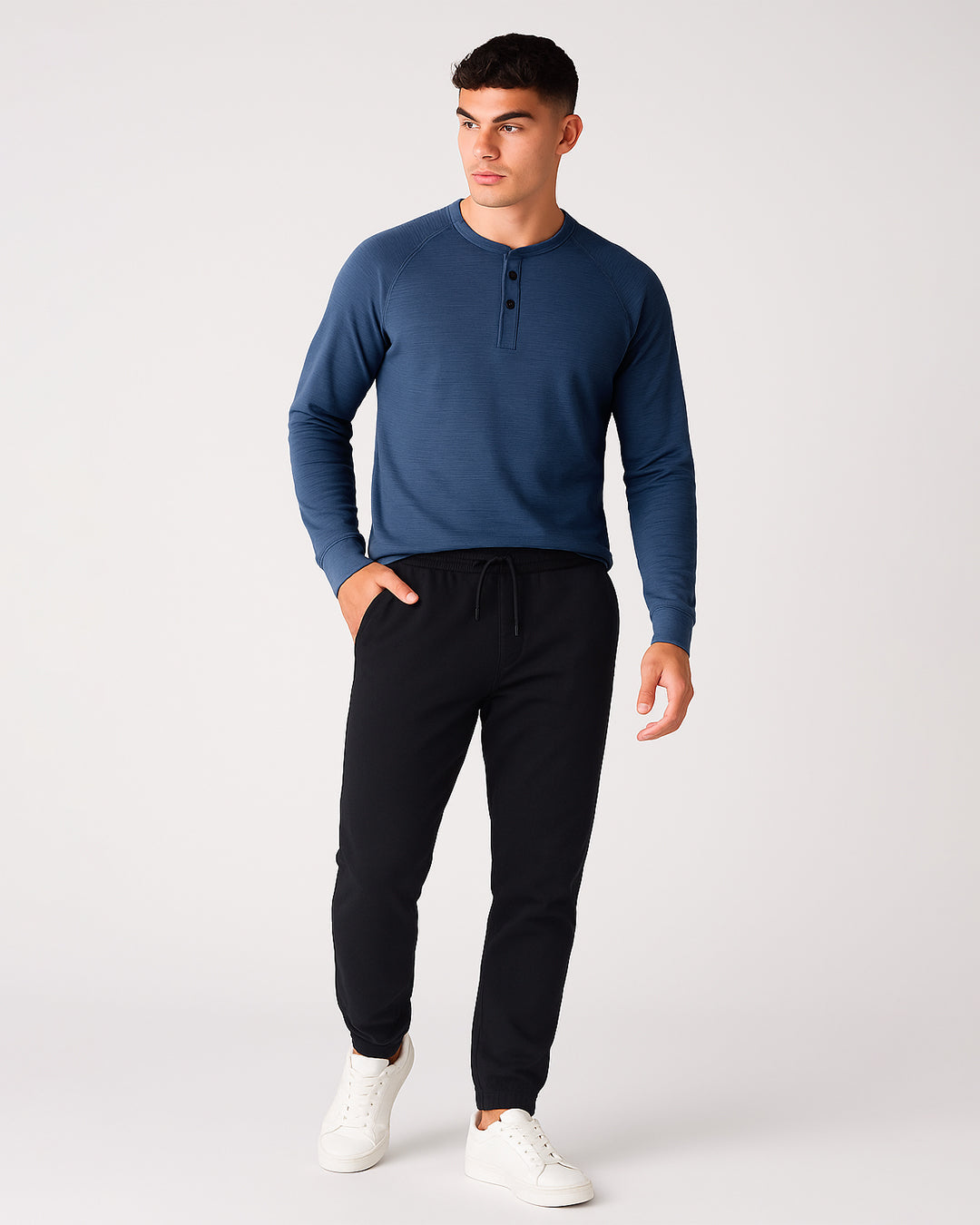 Mutual Wave Branded Men’s Textured Henley Neck Long Sleeve T-Shirt – Deep Ocean Blue MFT-03