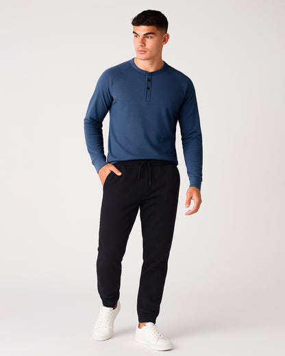 Mutual Wave Branded Men’s Textured Henley Neck Long Sleeve T-Shirt – Deep Ocean Blue MFT-03