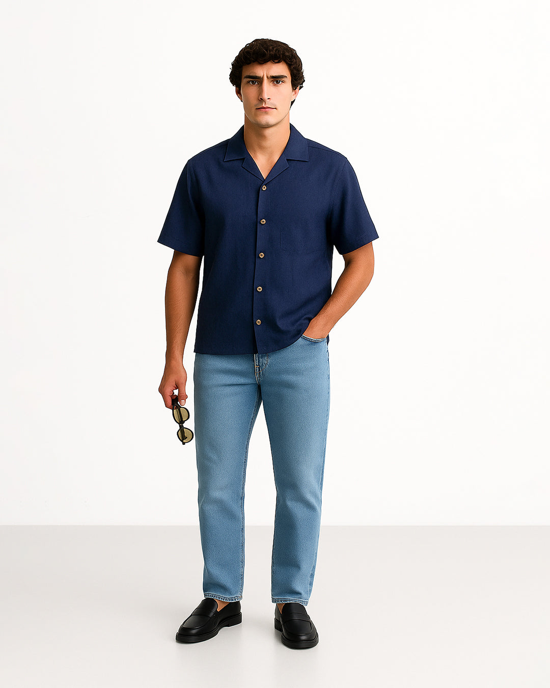 Pegadoor Branded Men’s Navy Blue Cuban Collar Linen Shirt MCS-23