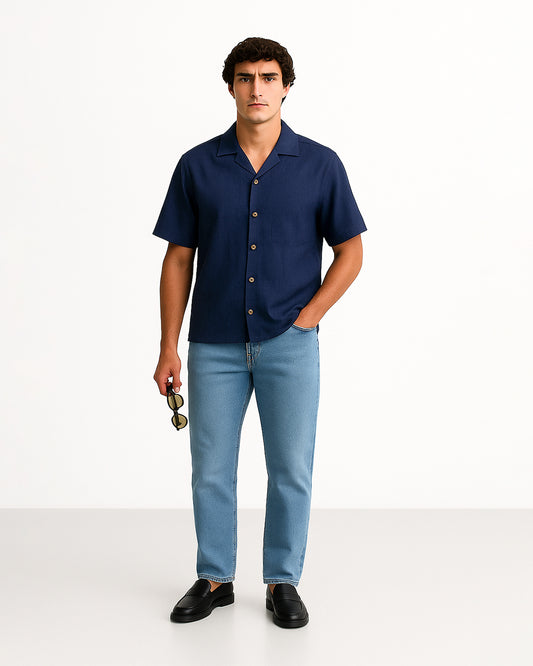 Pegadoor Branded Men’s Navy Blue Cuban Collar Linen Shirt MCS-23