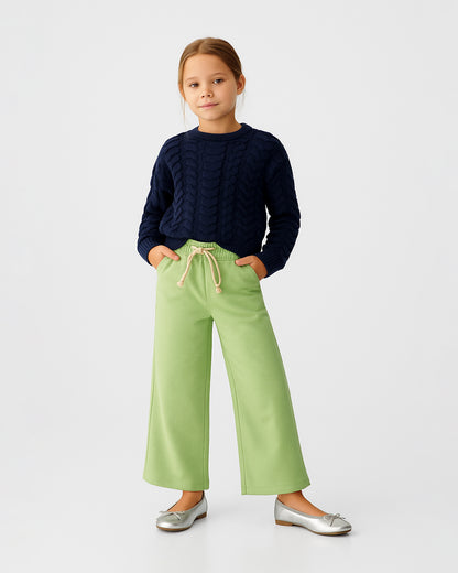 Winters Girls’ Soft Ribbed Cotton Wide-Leg Drawstring Trousers – Mint Green GT-08