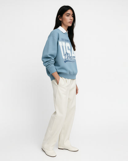 PullNBear Women’s USA Denver Championship Collar Sweatshirt – Sky Blue WSWT-02