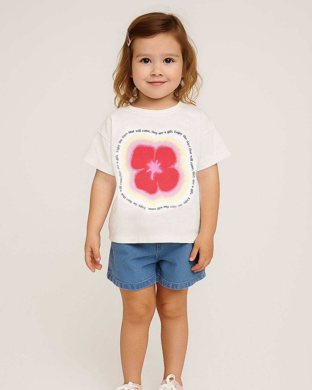 ZARRAA Branded Girl's T-shirt White Color with Red Floral GTS-04