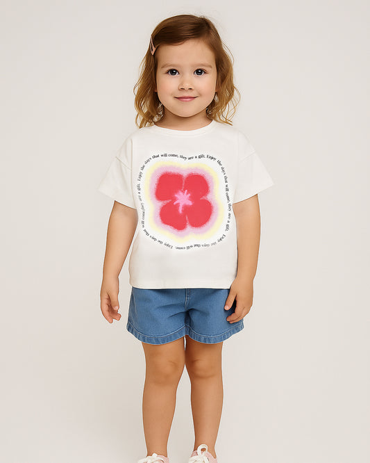 ZARRAA Branded Girl's T-shirt White Color with Red Floral GTS-04