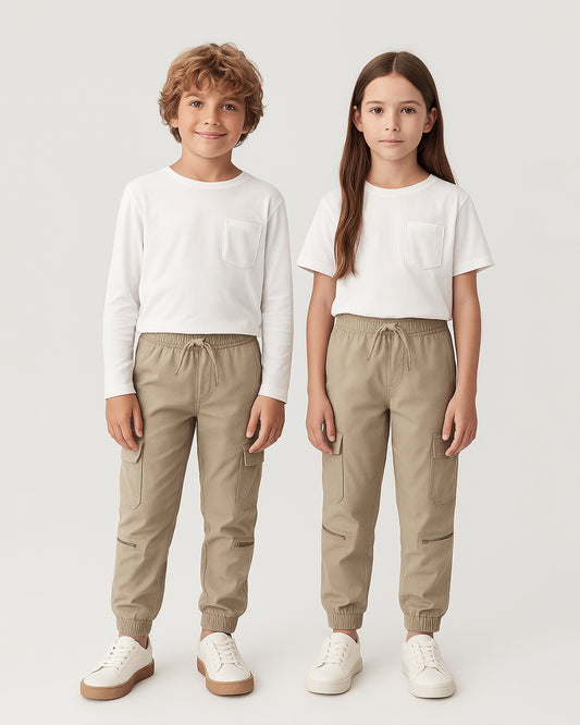 Kids’ Premium Beige Cargo Jogger Pants – Unisex