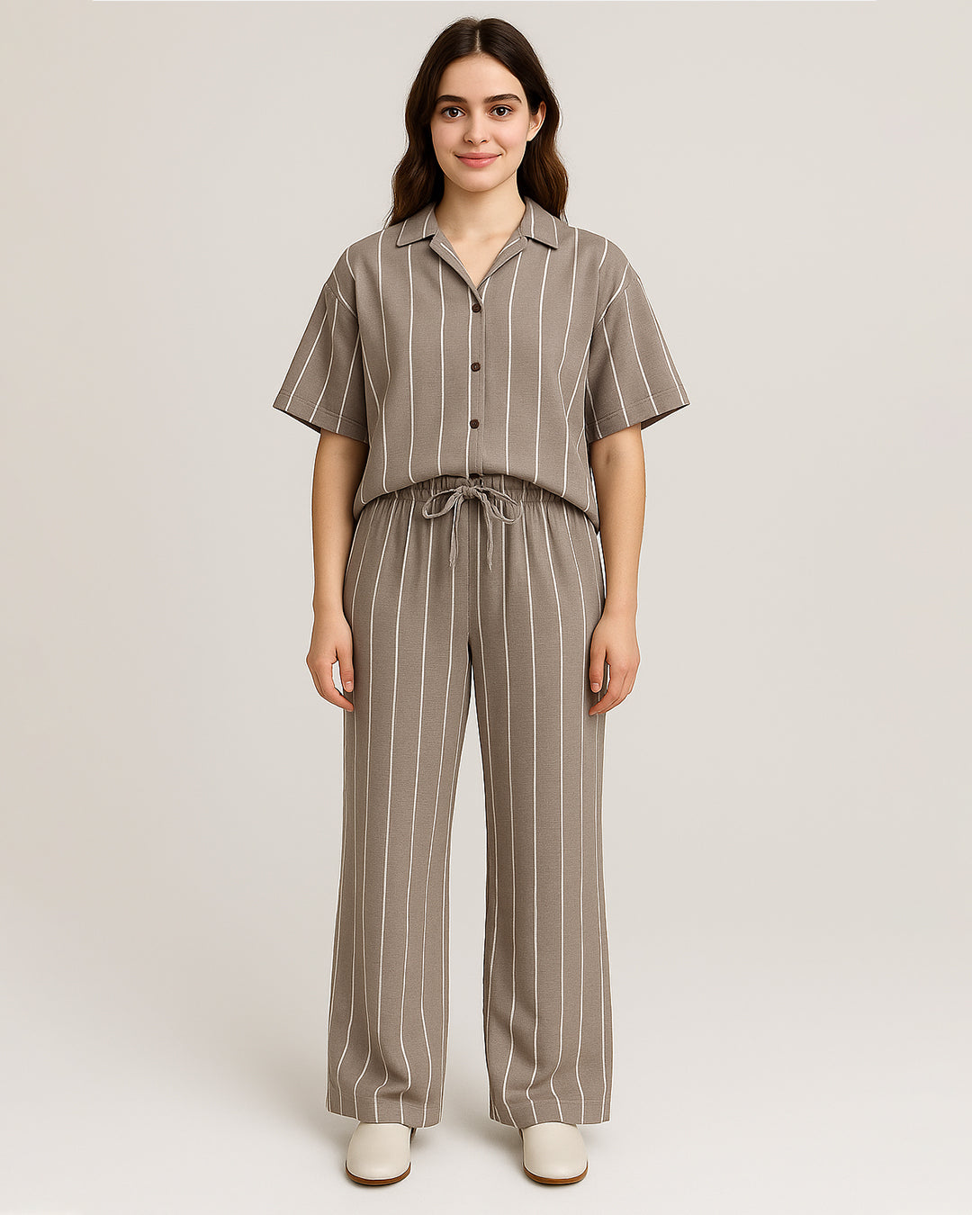 Zelig Branded Light Brown & White Striped Co-Ord Set WCS-11