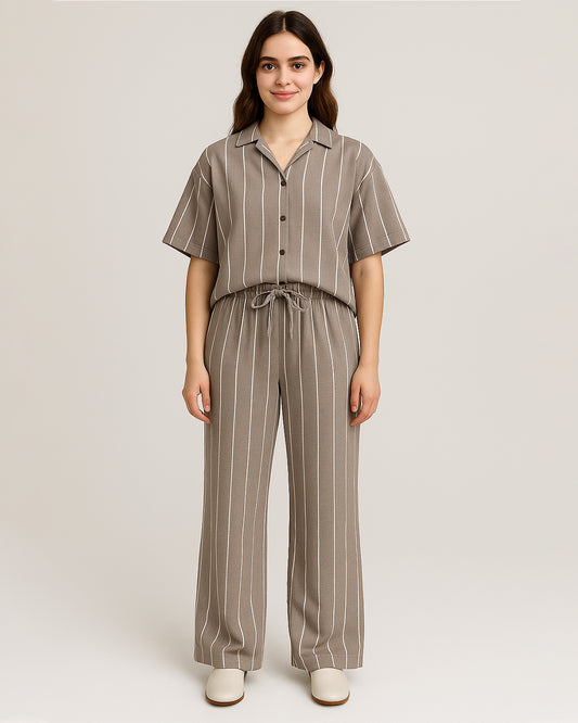 Zelig Branded Light Brown & White Striped Co-Ord Set WCS-11