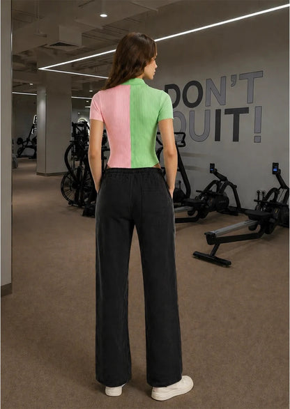 Branded Misguidd  Women's Bodysuit Green/Pink Colour & Younglay Wide-Leg Trouser Black colour